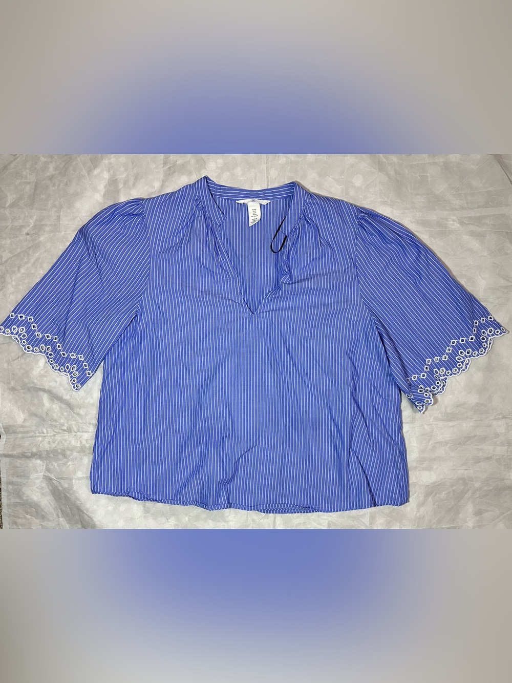 H&M Blue Pinstripe Split-Neck Blouse with Eyelet Sleeves